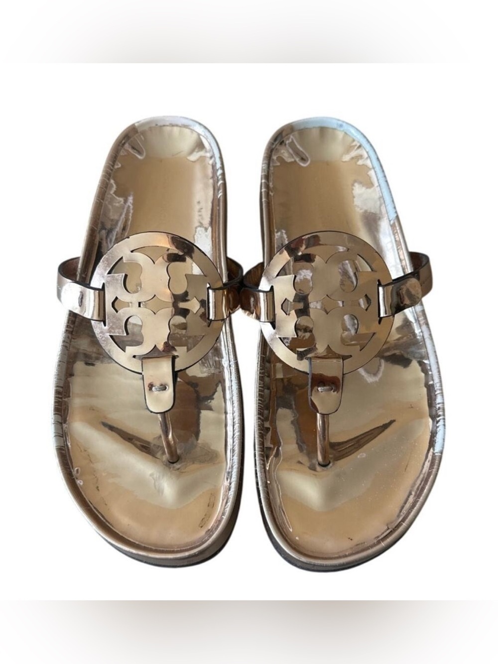 Tory Burch Miller‎ Cloud Sandals Mirrored Metallic Gold Thong Size 10